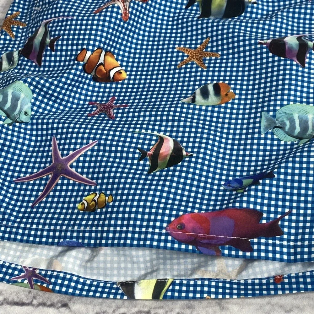 Bills Khakis Fish‎ AOP Swim Trunks Mens Size 2XL Mesh Lined Blue Gingham 6.5